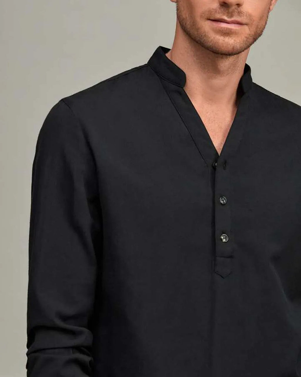 Men Solid Casual Style Half Button Black Shirt