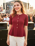 Stretchable Ribbed Flared Peplum Top - Pinkkup