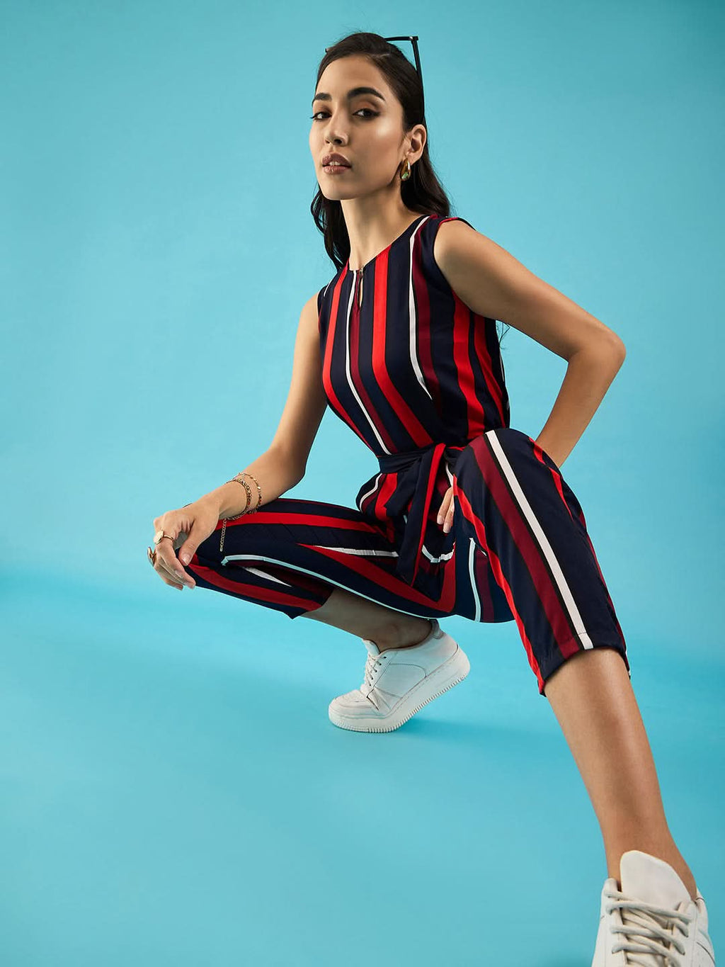 Striped Keyhole Jumpsuit with Belt