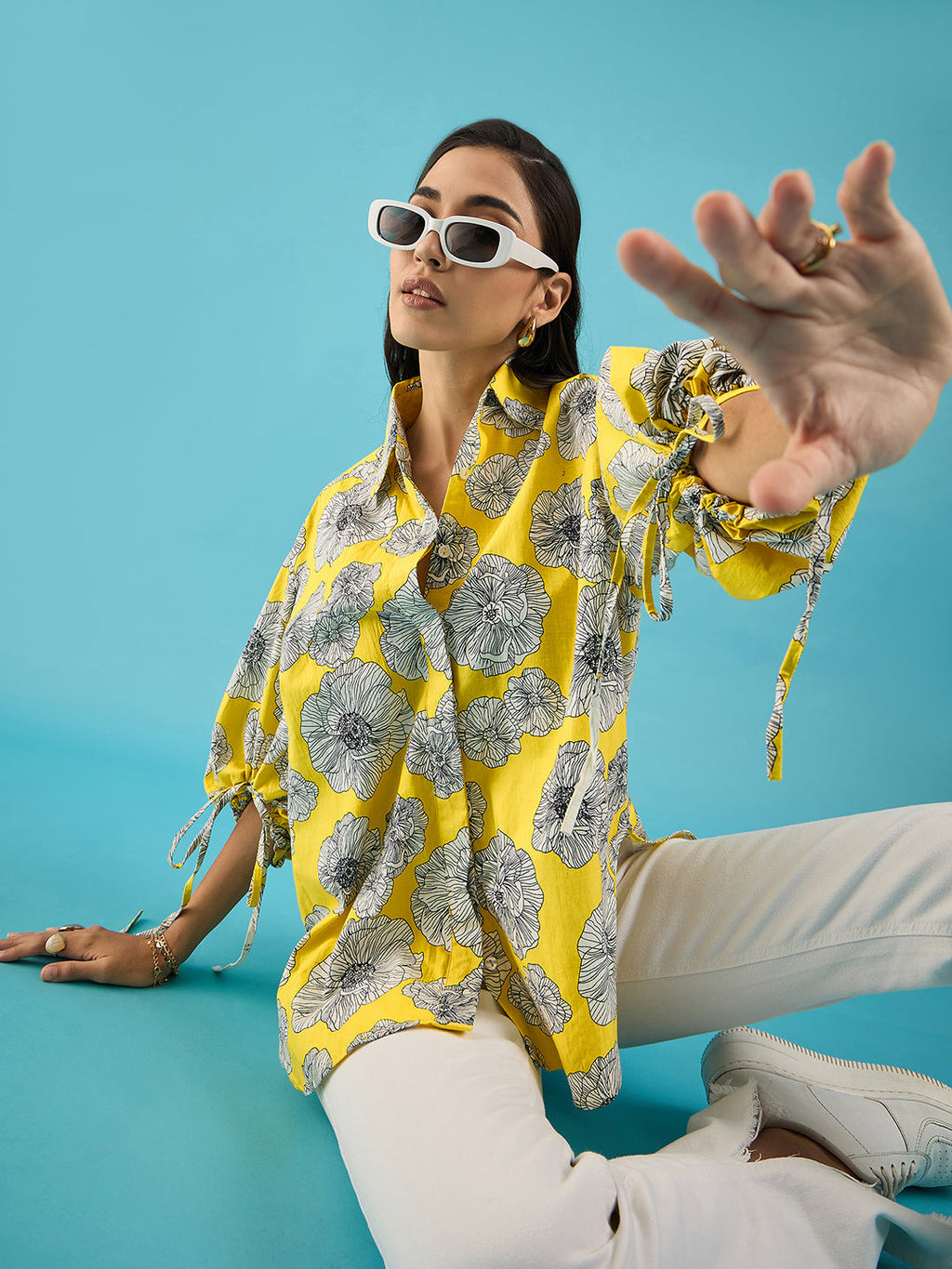 Printed Cotton Shirt with Tie Up Sleeves - Pinkkup