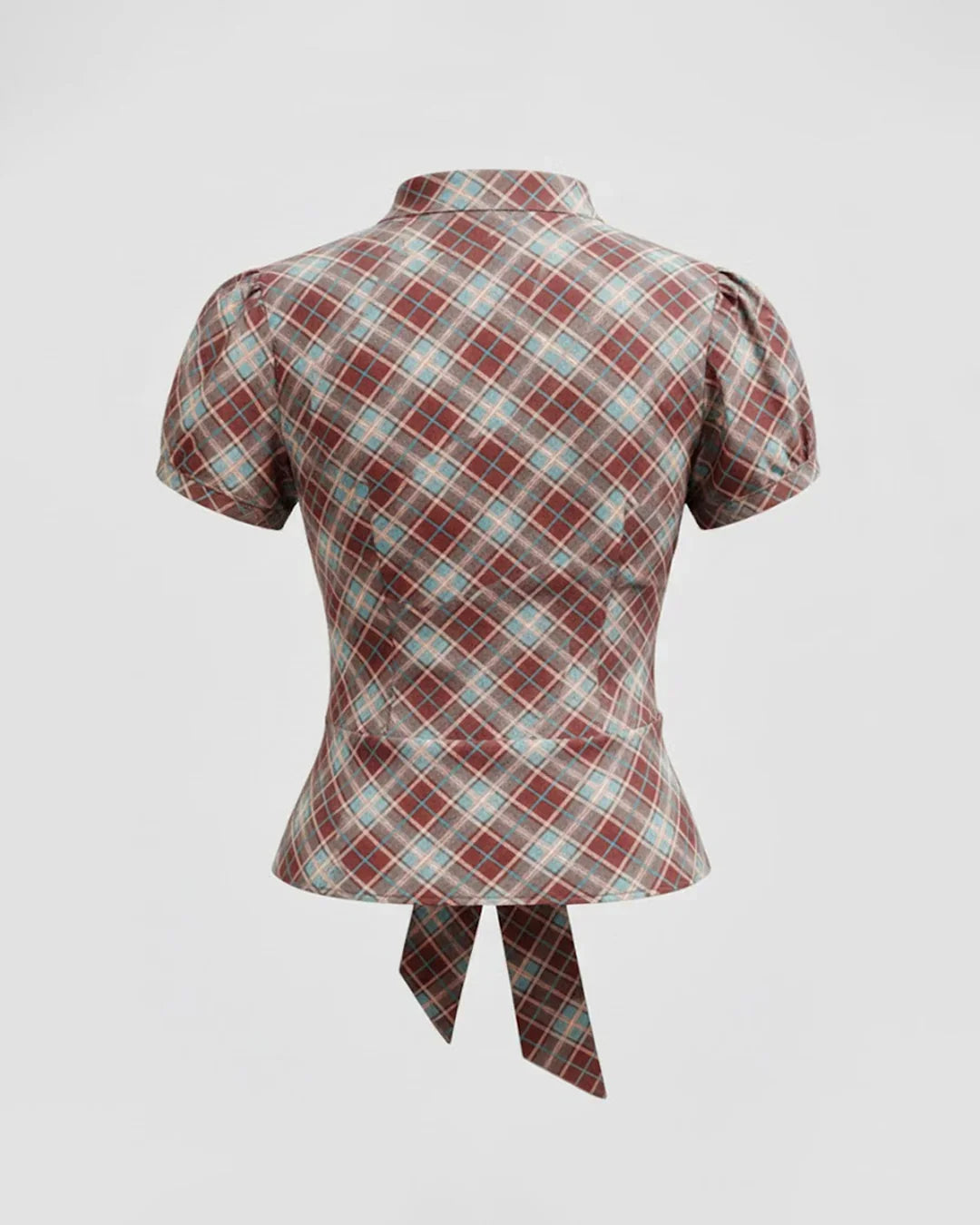Plaid Stand Collar Puff Sleeve Tie Back Button Top