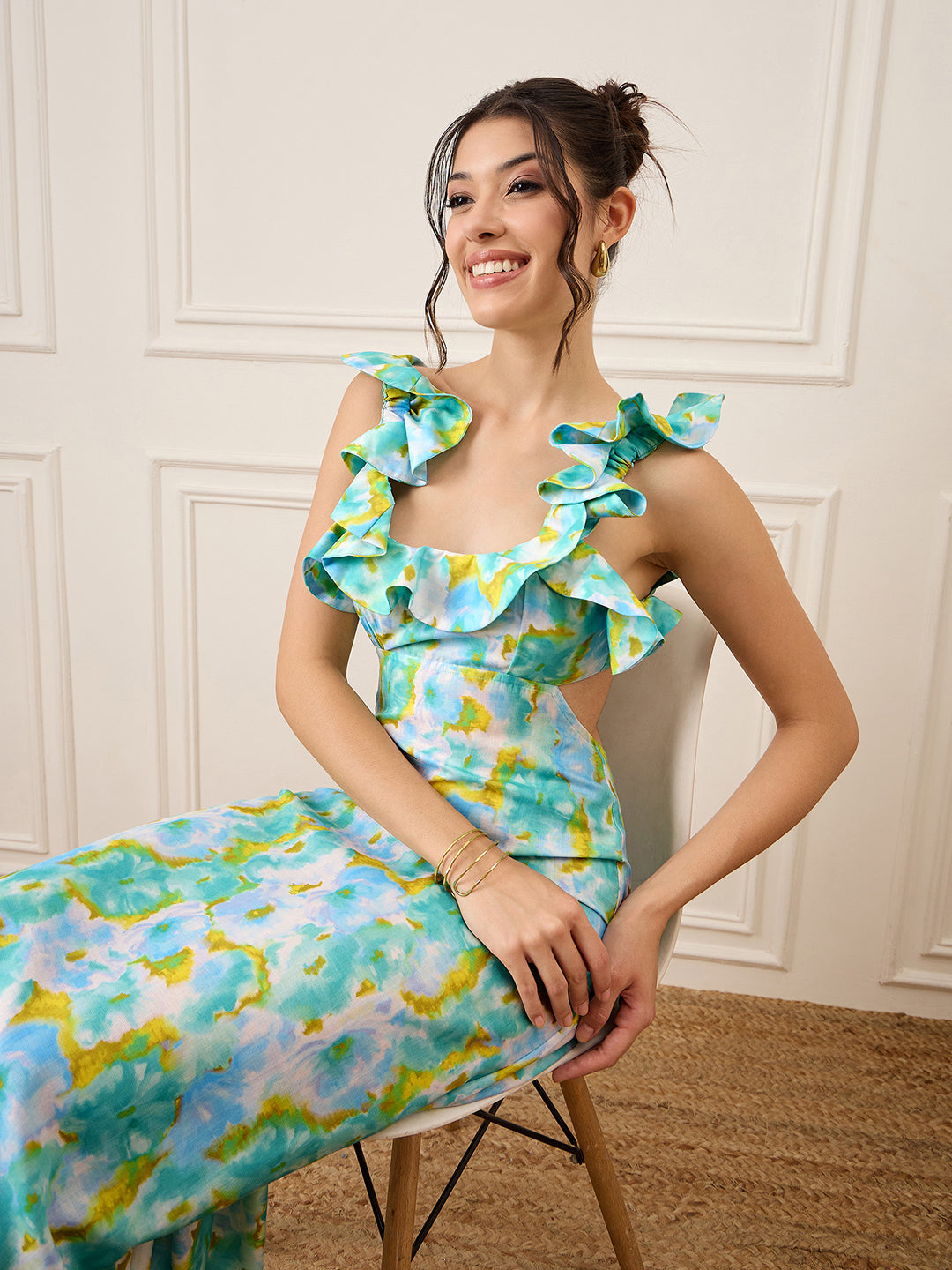 Printed Frilled Scoop Neck Linen Dress