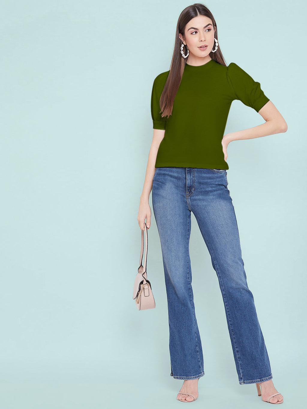 Cotton Solid Stretchable High Neck Puff Sleeve Top - Pinkkup