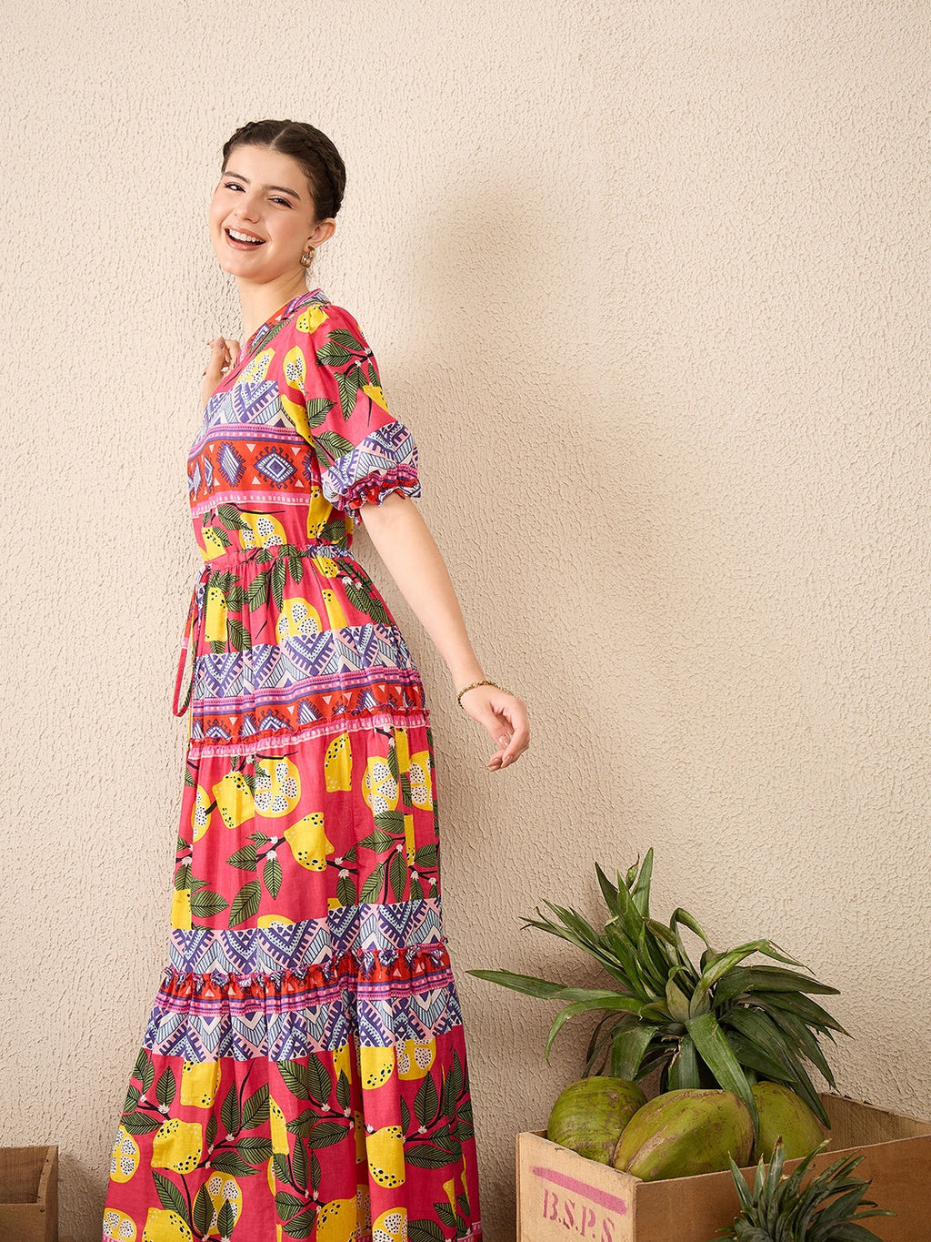 Puffed Sleeve Tiered Cotton Maxi Dress