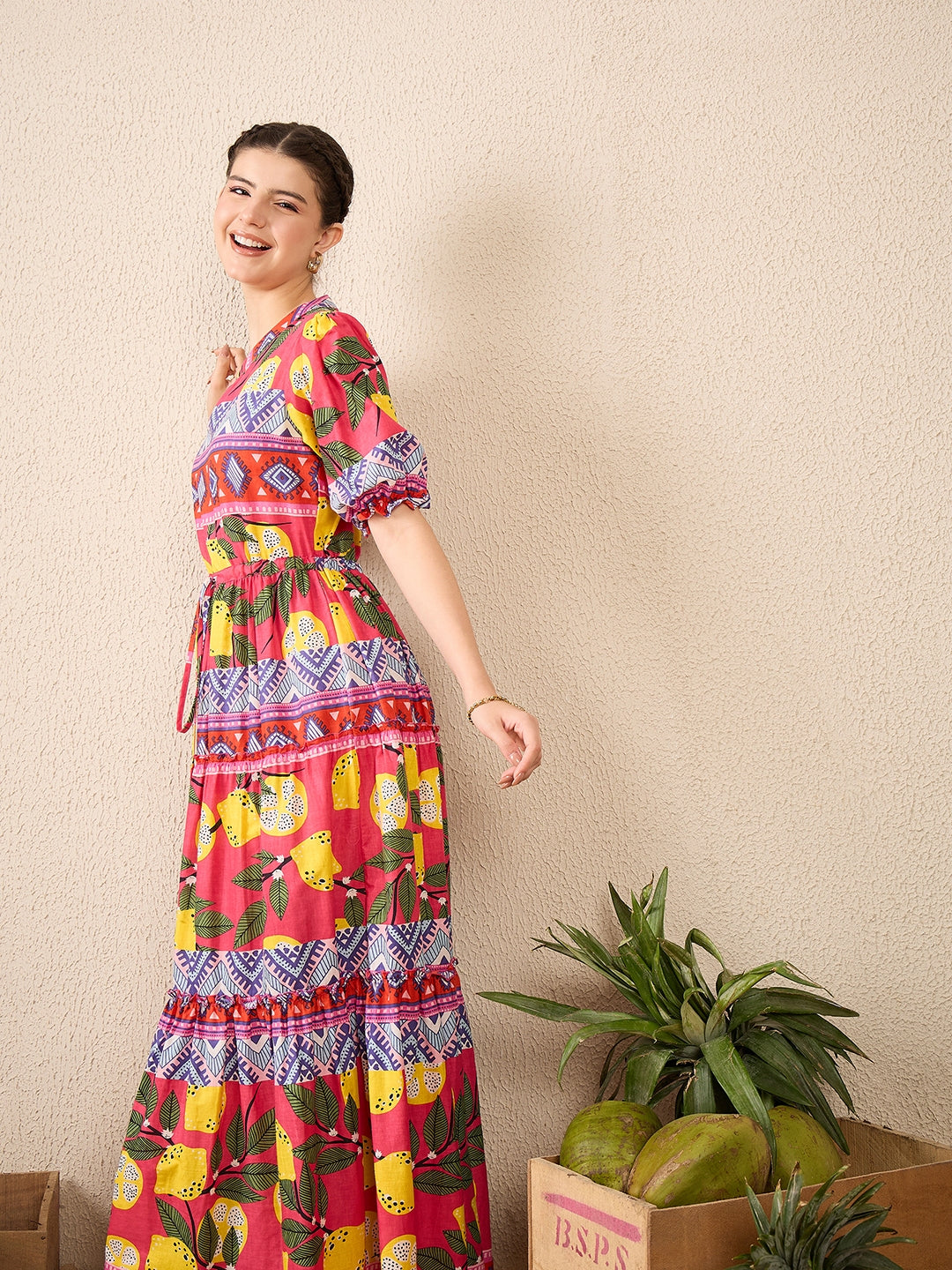 Puffed Sleeve Tiered Cotton Maxi Dress