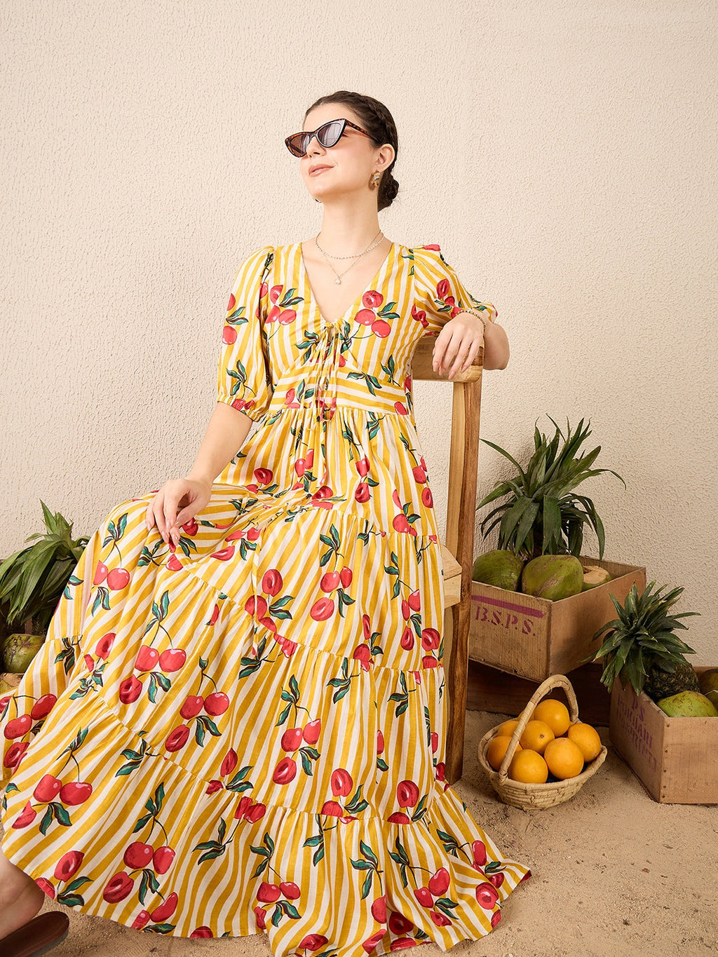 Pure Cotton Neck Tie Up Maxi Dress