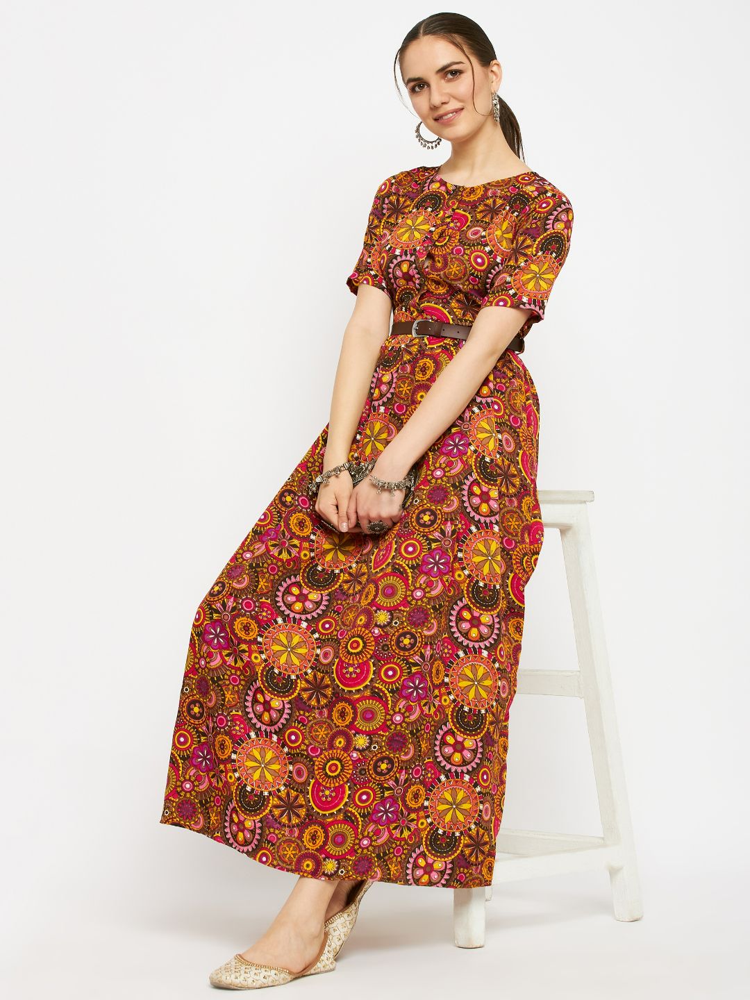 Printed Maxi Dress with Belt - Pinkkup