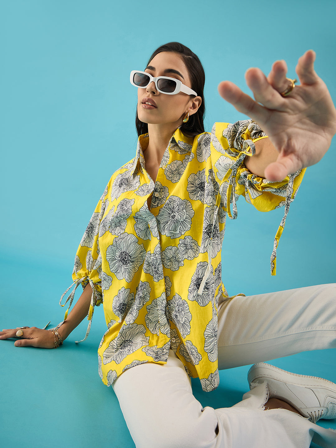 Printed Cotton Shirt with Tie Up Sleeves - Pinkkup