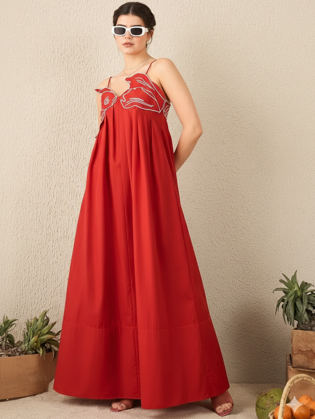 Fish Applique Cotton Maxi Dress - Pinkkup