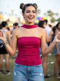 Stretchable Strapless Scarf Neck Top - Pinkkup
