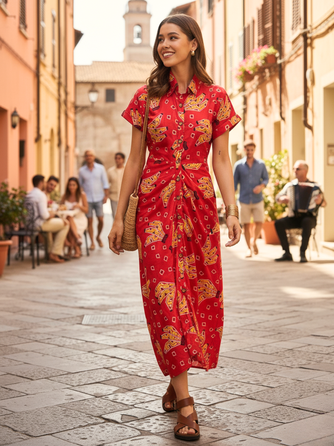 Pure Cotton Cinched-Line Midi Dress - Pinkkup