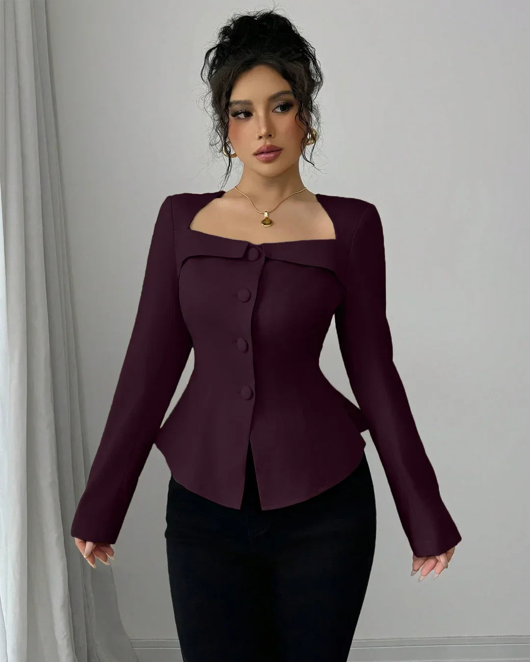Rust Square Neck Buttoned Peplum Full Sleeve Top