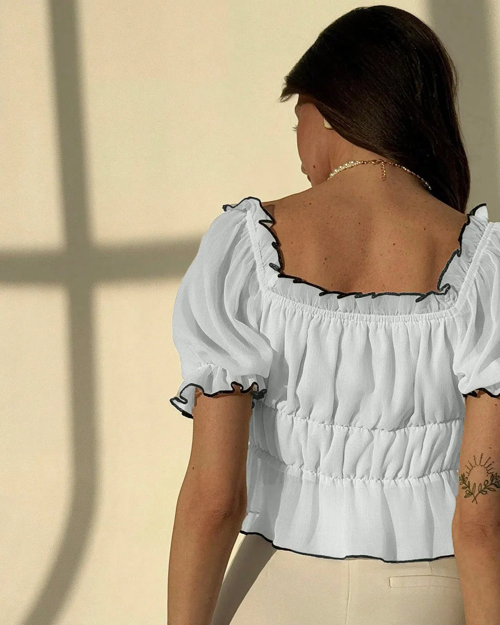 White Chiffon Square Neck Tiered Ruffle Top With Black Trim