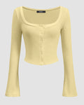 Square Neck Front Button Full Sleeve Top in Vanilla