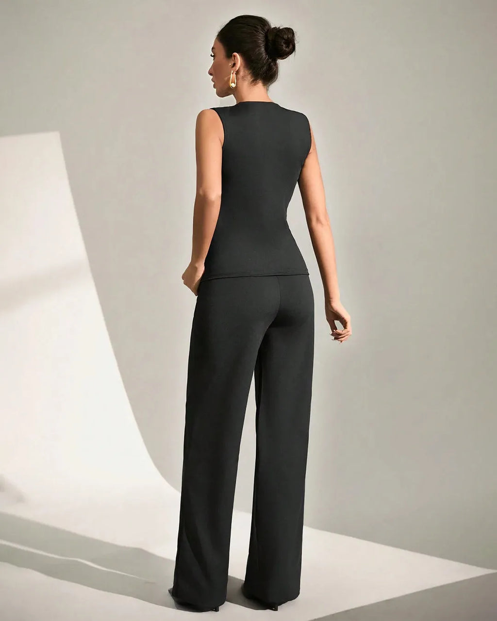 Sleeveless Button-Front Peplum Top & Wide-Leg Pants Co-Ord Set in Black