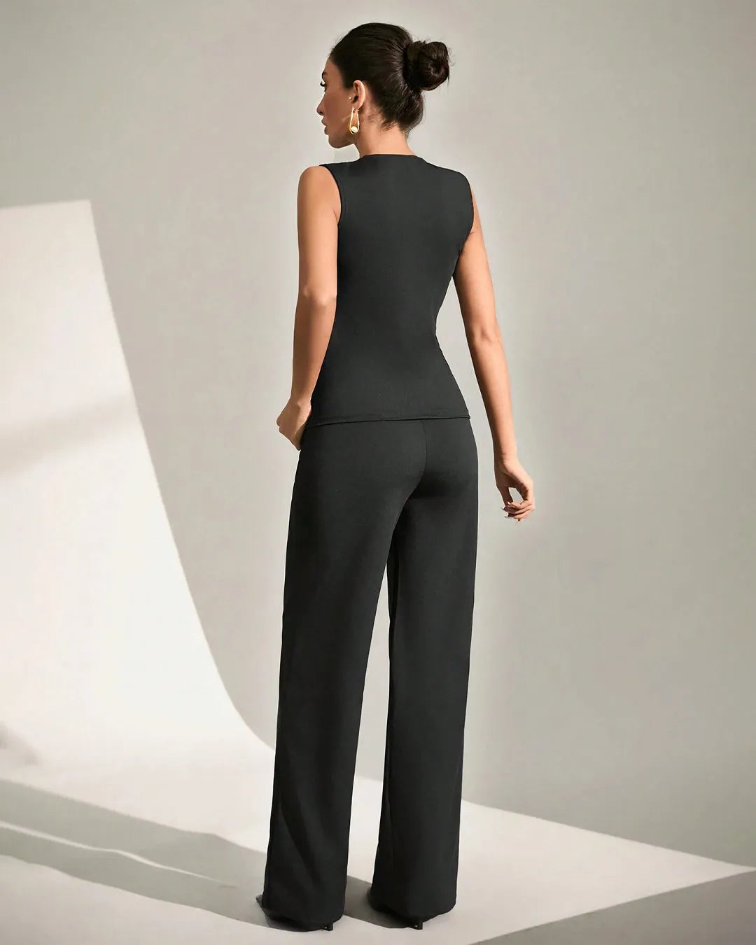 Sleeveless Button-Front Peplum Top & Wide-Leg Pants Co-Ord Set in Black