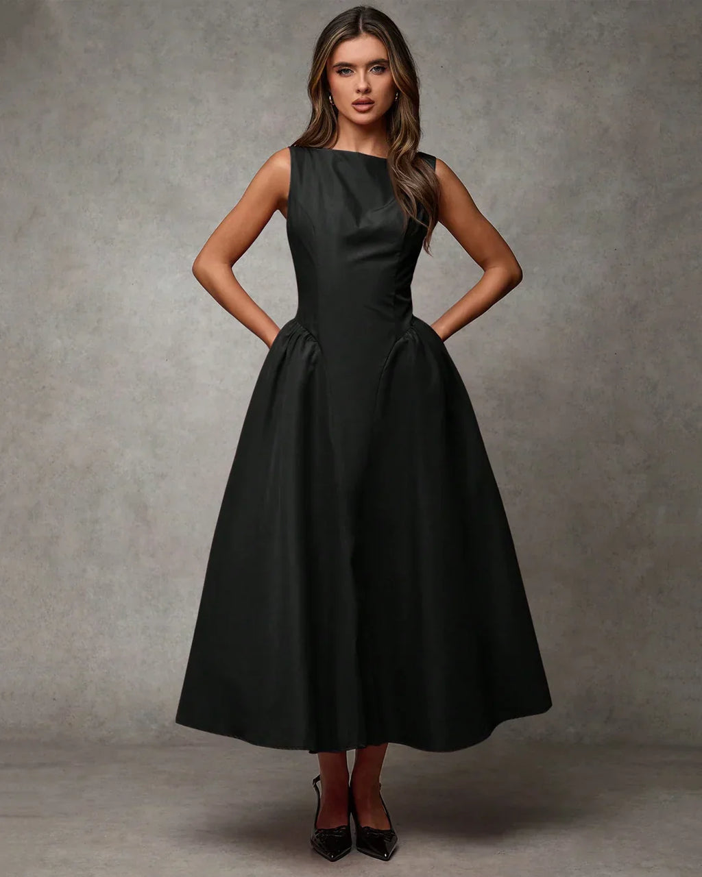 Black Boat Neck Sleeveless Fit & Flare Vintage Midi Dress
