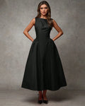 Black Boat Neck Sleeveless Fit & Flare Vintage Midi Dress