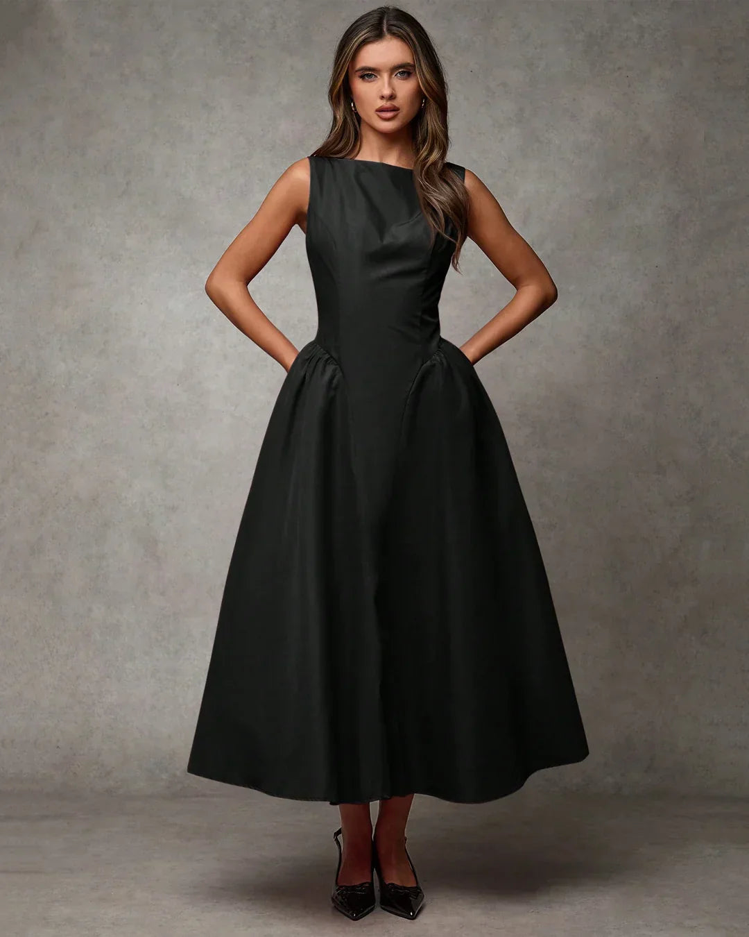 Black Boat Neck Sleeveless Fit & Flare Vintage Midi Dress