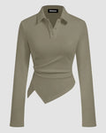Collared Ruched Polo Long Sleeve Top with Asymmetric Hem in Olive