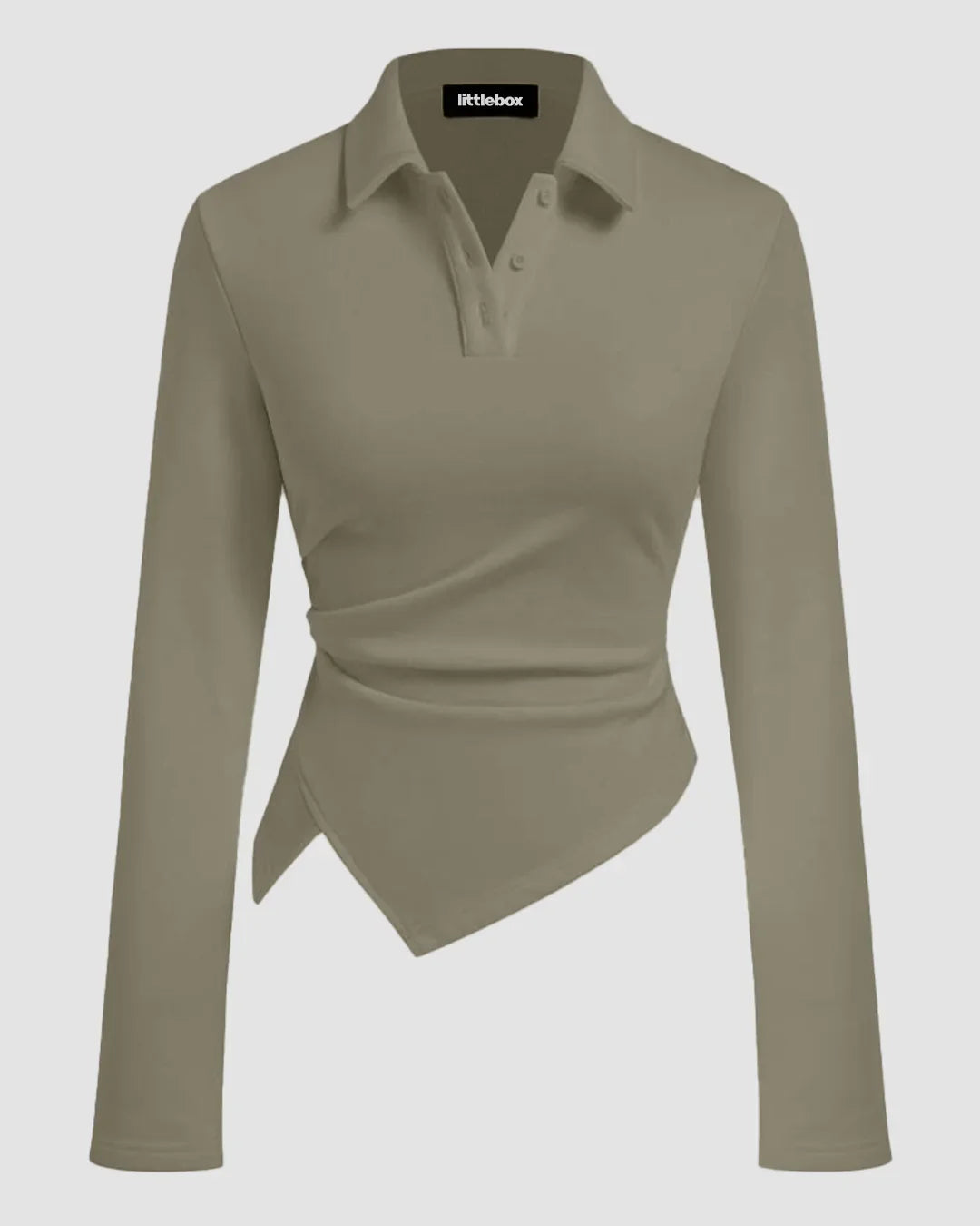 Collared Ruched Polo Long Sleeve Top with Asymmetric Hem in Olive