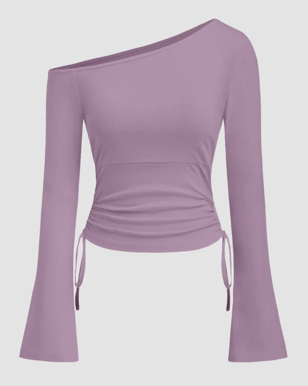 One Shoulder Ruched Asymmetric Full Sleeve Top in Lilac