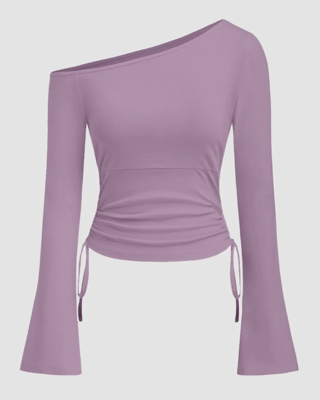 One Shoulder Ruched Asymmetric Full Sleeve Top in Lilac