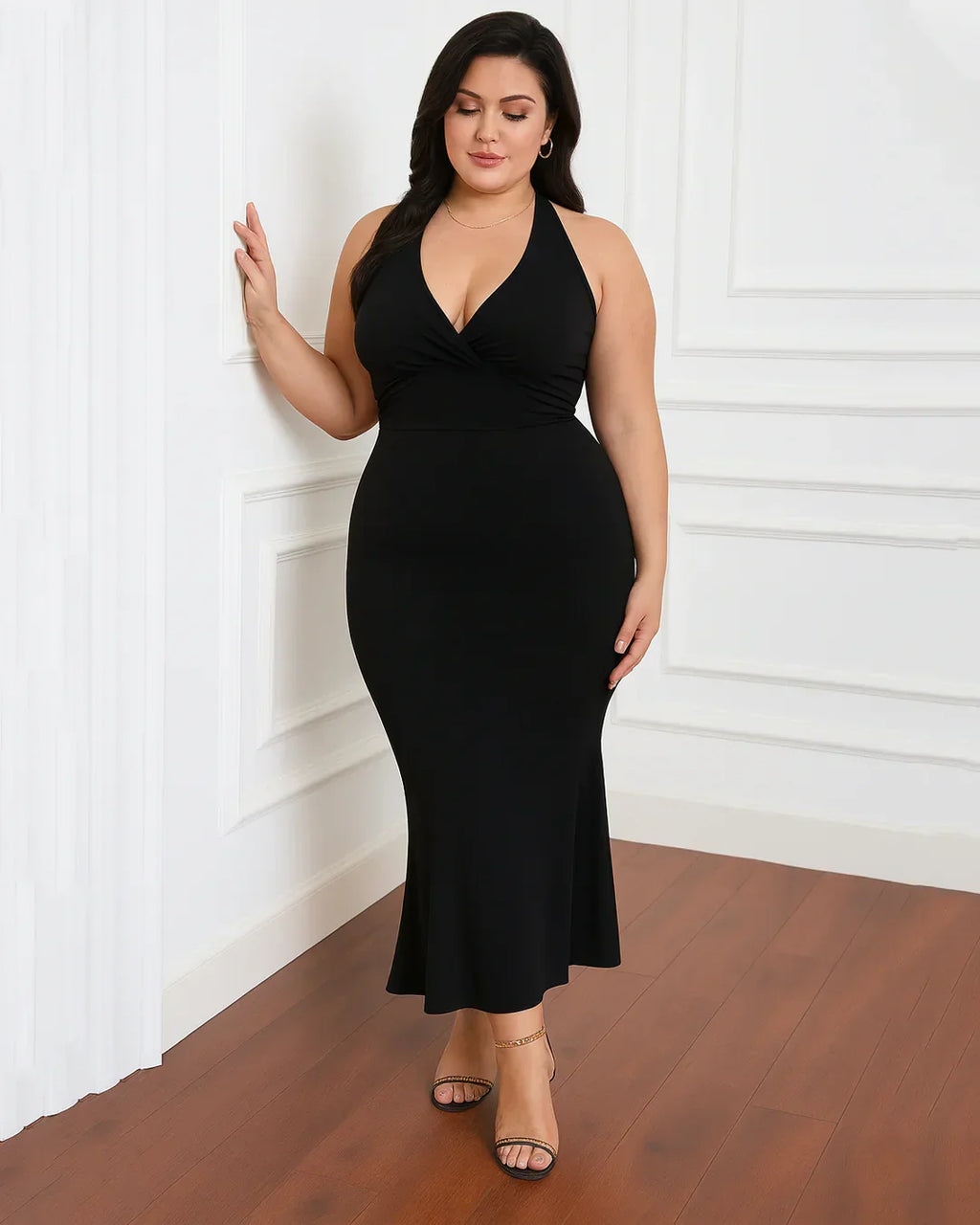 Solid Color Halter Backless Black Mermaid Dress Curve & Plus