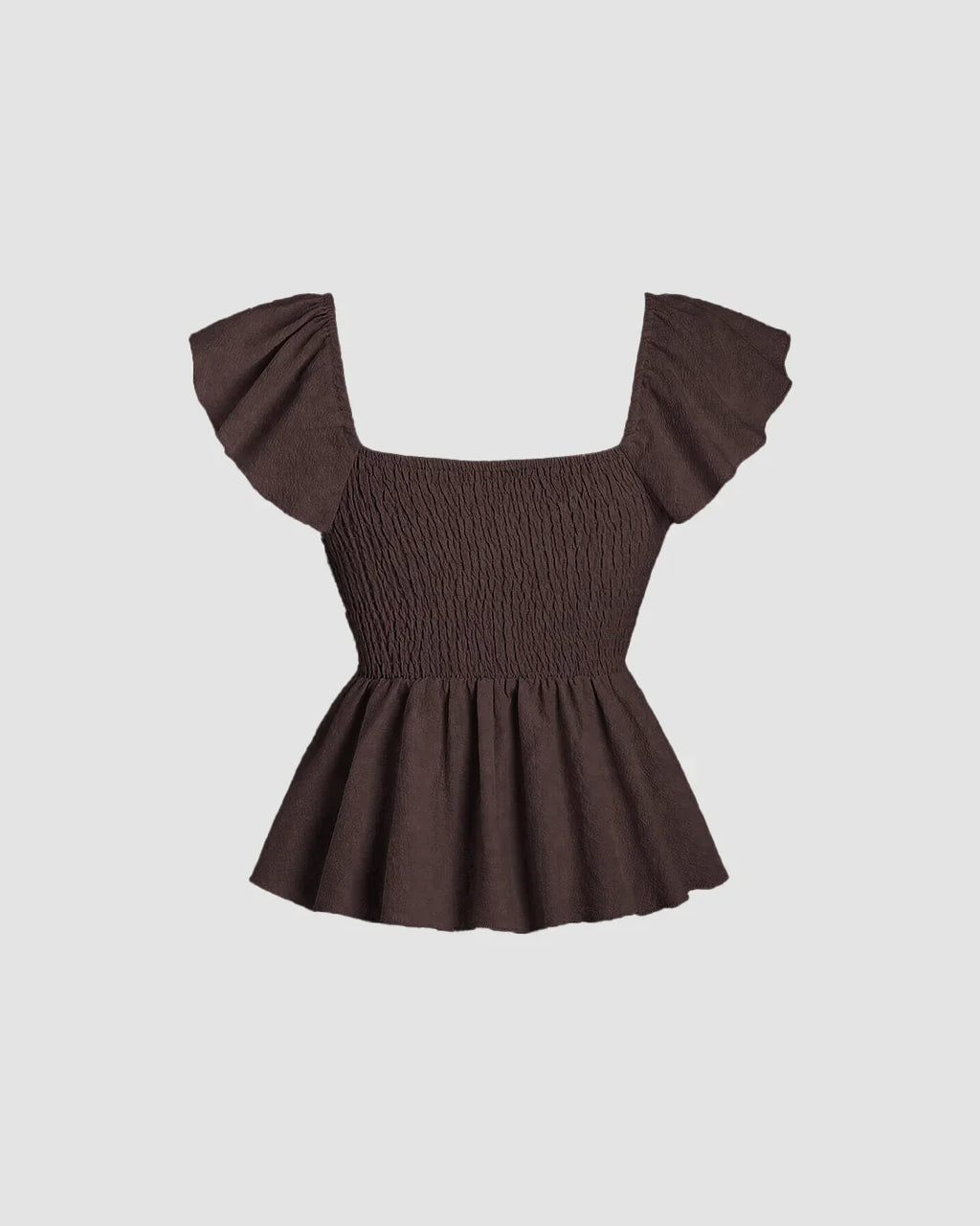 Ruffled Sleeve Tie Front Peplum Top in Brown