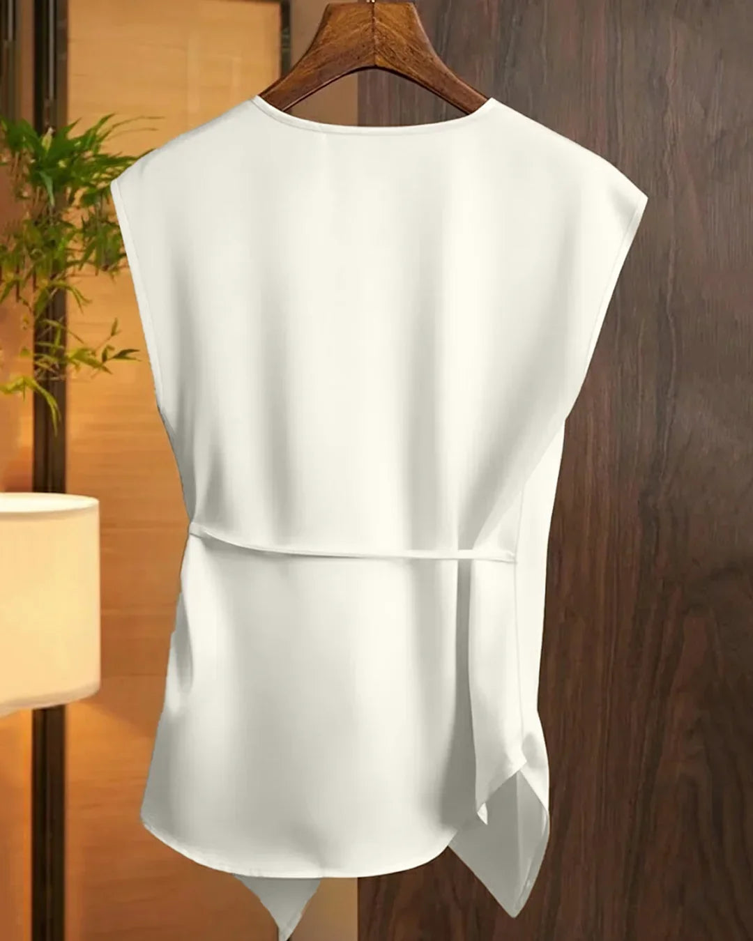Off-White Solid Color Deep V-Neck Twist Knot Asymmetrical Top