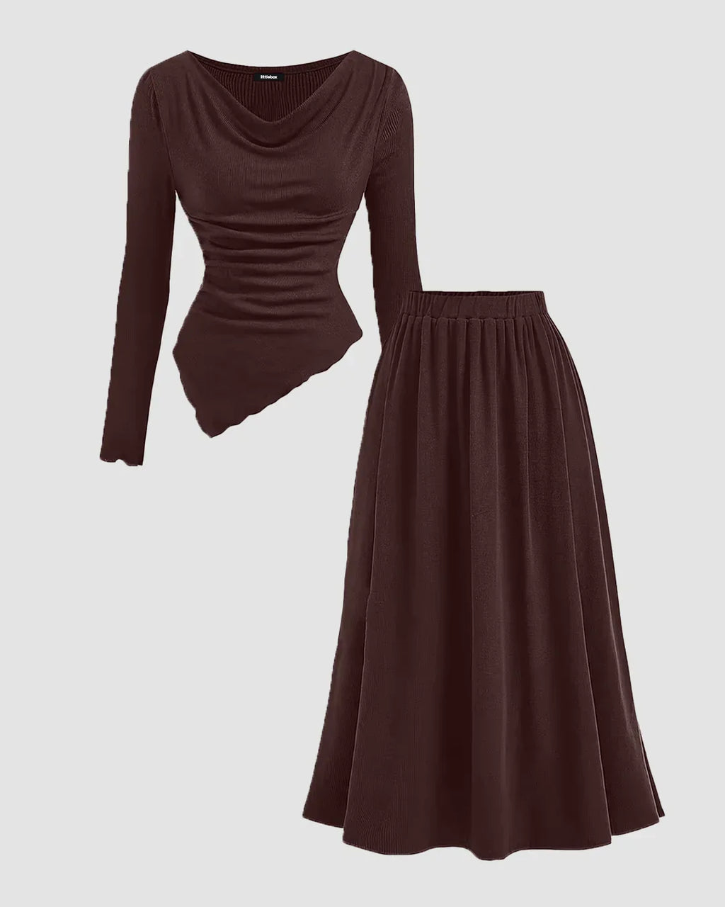Brown Ribbed Asymmetrical Top & A-Line Skirt Two-Piece Set