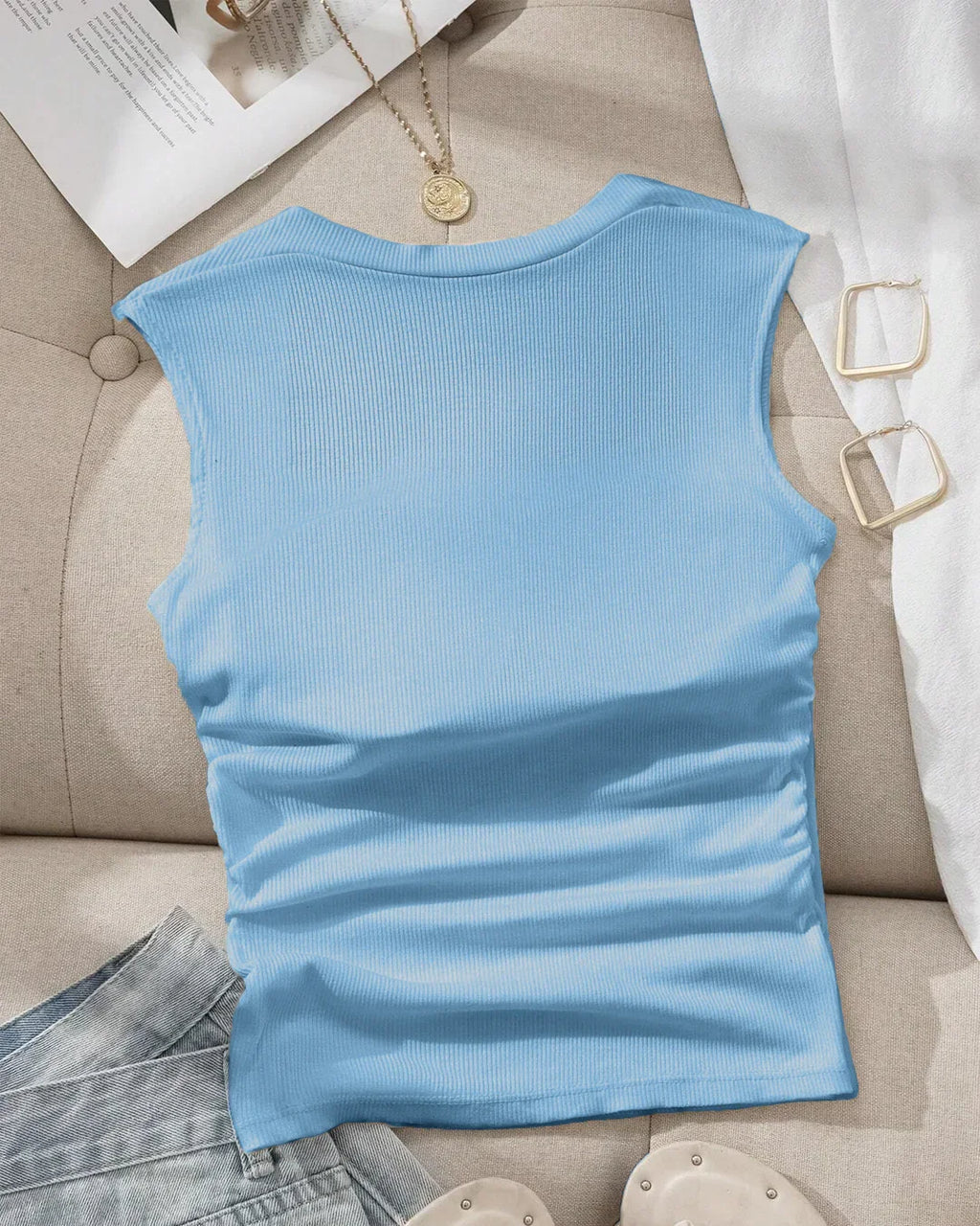 Sleeveless Square Neck Fitted Top in Powder Blue
