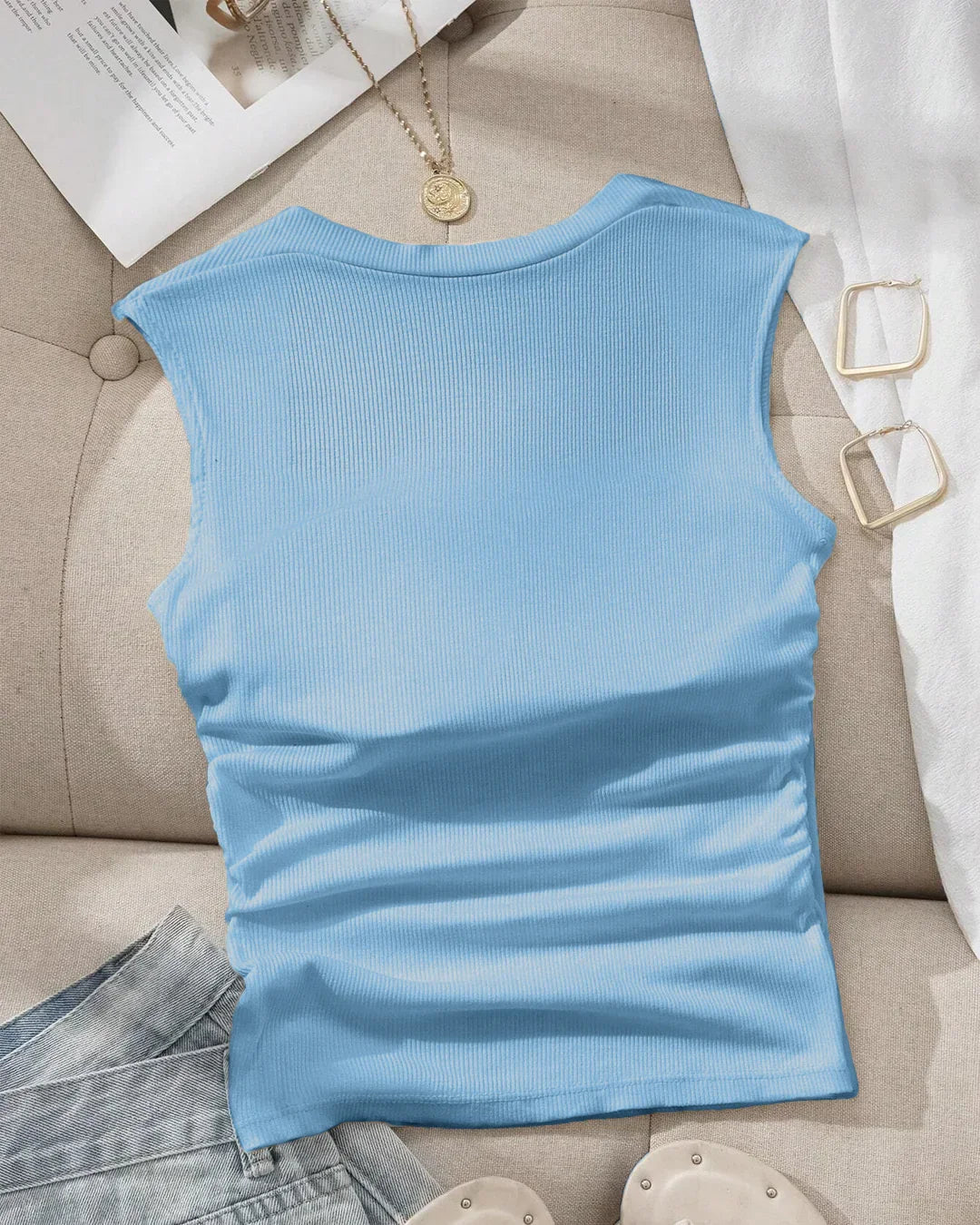 Sleeveless Square Neck Fitted Top in Powder Blue