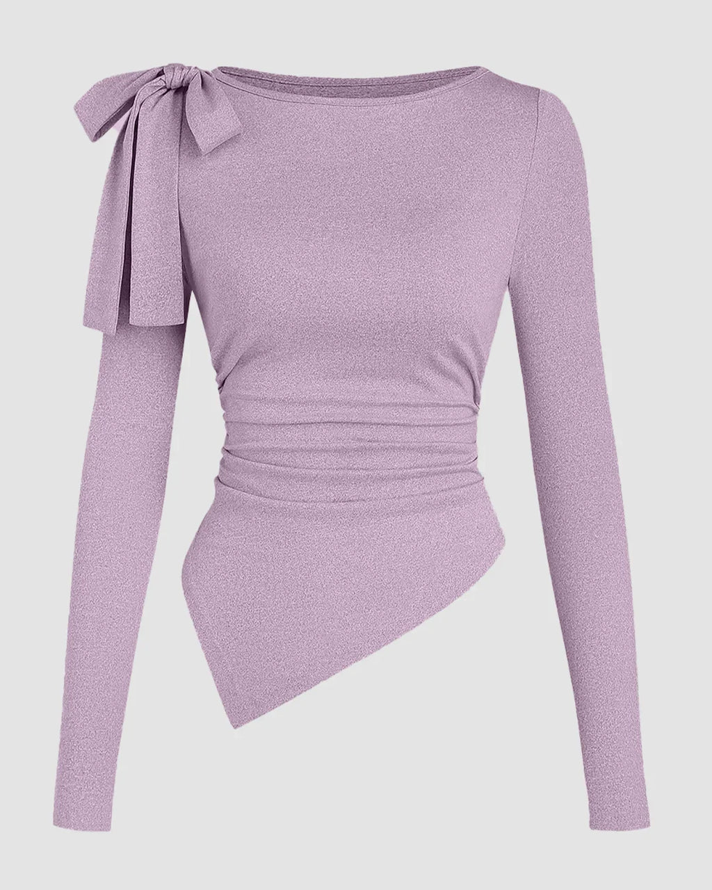 Round Neck Shoulder Tie Bow Asymmetric Hem Ruched Long Sleeve Top in Lilac
