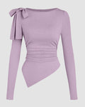 Round Neck Shoulder Tie Bow Asymmetric Hem Ruched Long Sleeve Top in Lilac