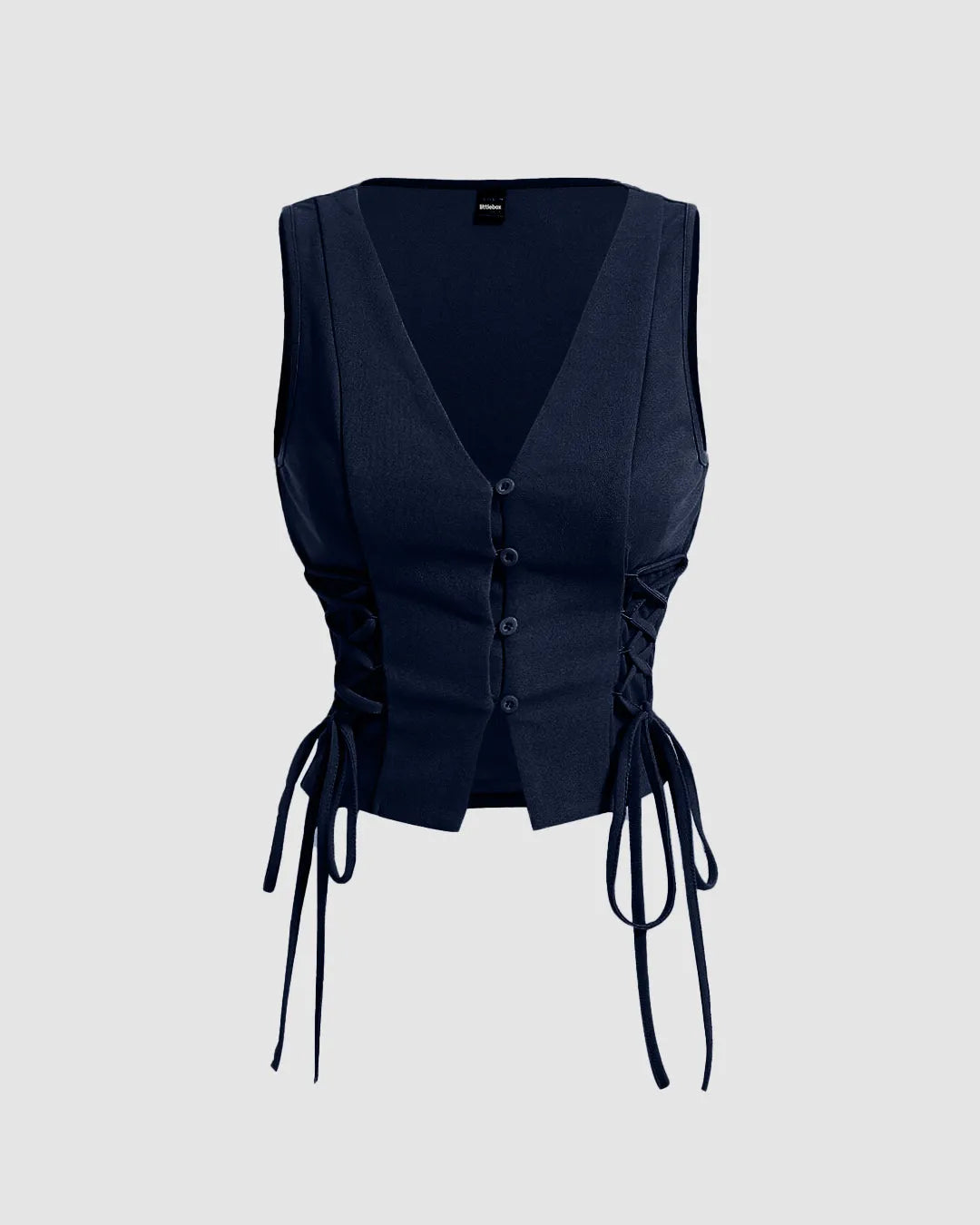 Lace-Up Side Button-Down Sleeveless Vest Top in Navy Blue