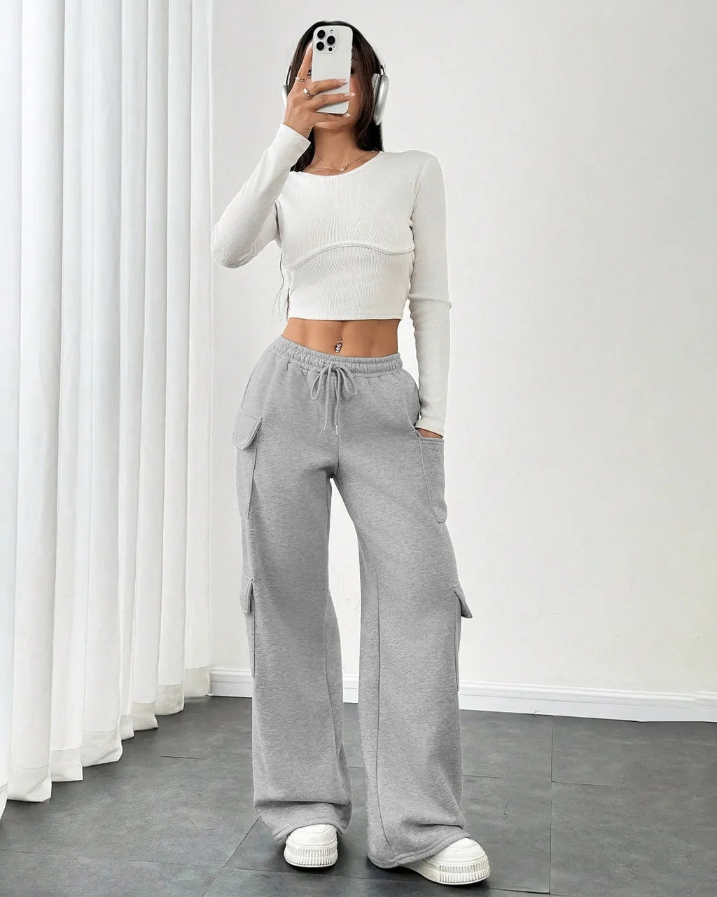 Melange Women's Cargo Trousers With Side Pockets and Drawstring Waist