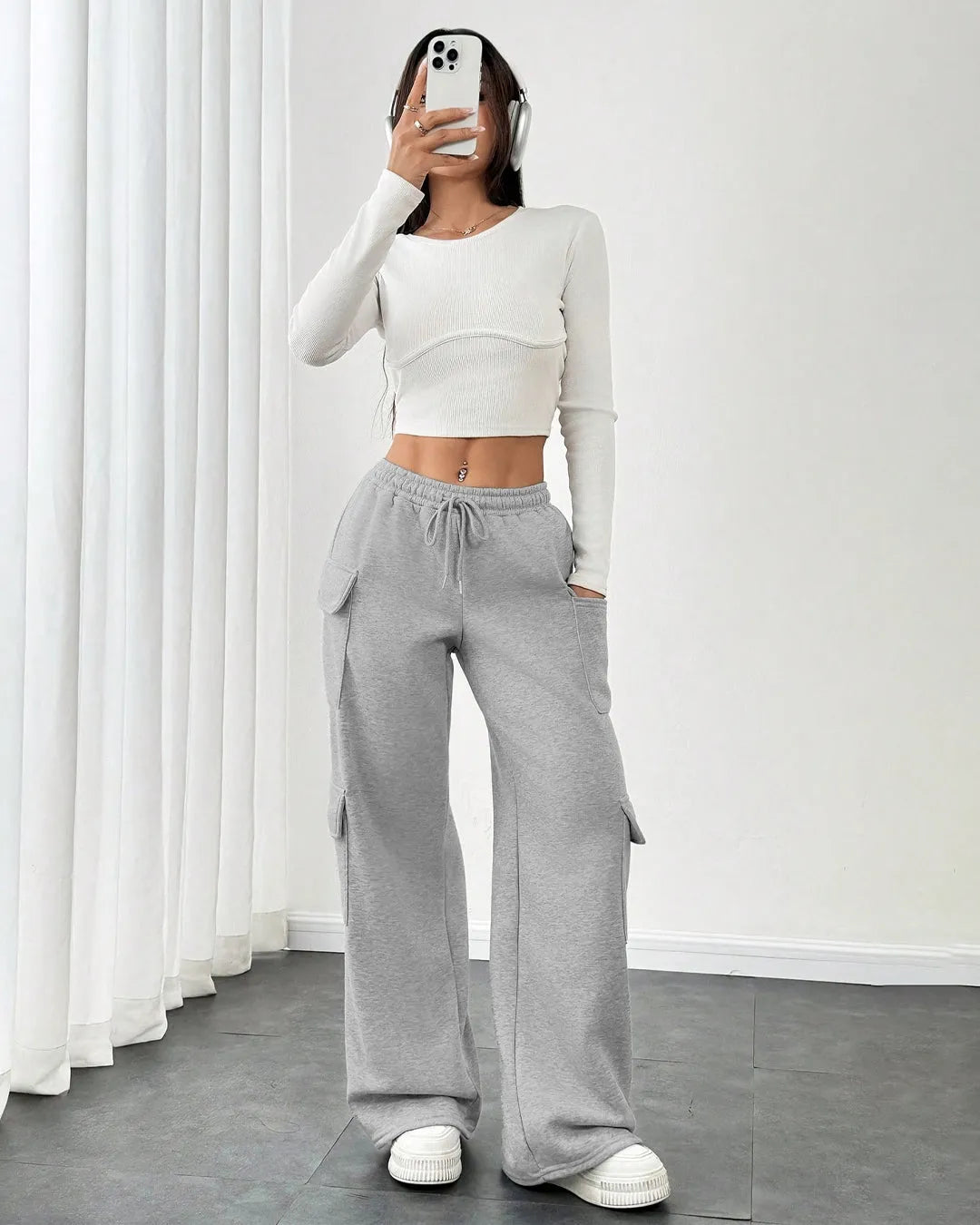 Melange Women's Cargo Trousers With Side Pockets and Drawstring Waist