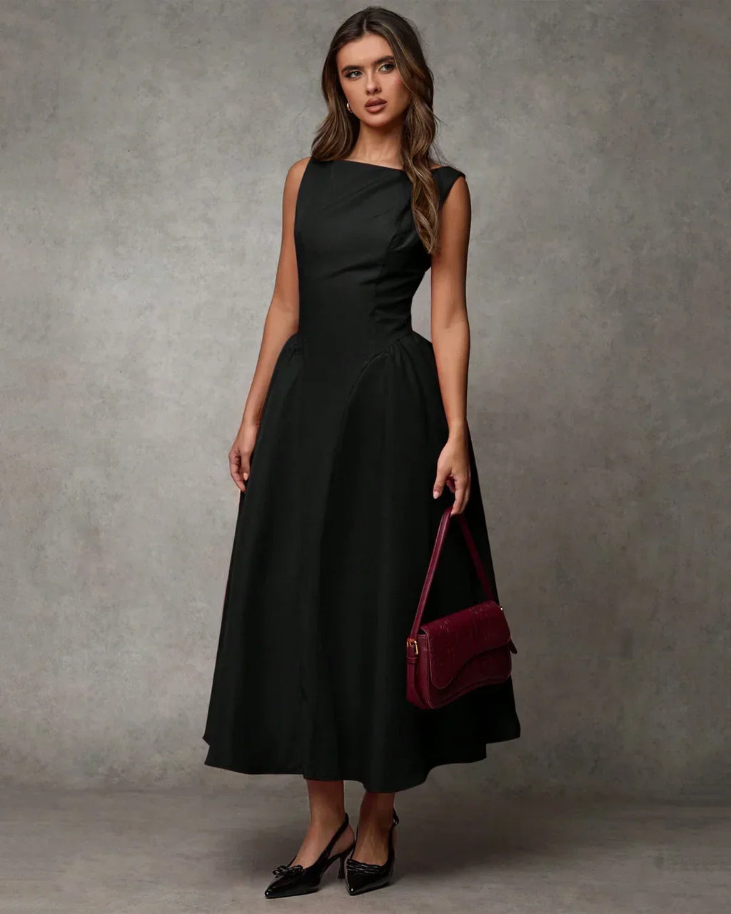 Black Boat Neck Sleeveless Fit & Flare Vintage Midi Dress