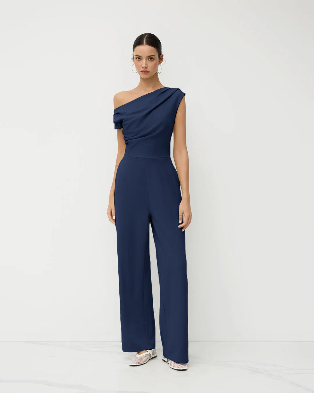 One-Shoulder Draped Wide-Leg Jumpsuit in Navy Blue