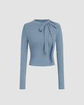 Round Neckline Knotted Long Sleeve Top In Dusty Blue