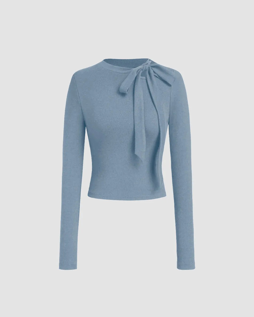 Round Neckline Knotted Long Sleeve Top In Dusty Blue