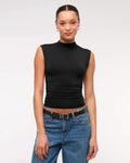 Sleeveless Mock Neck Ruched Fitted Top In Black