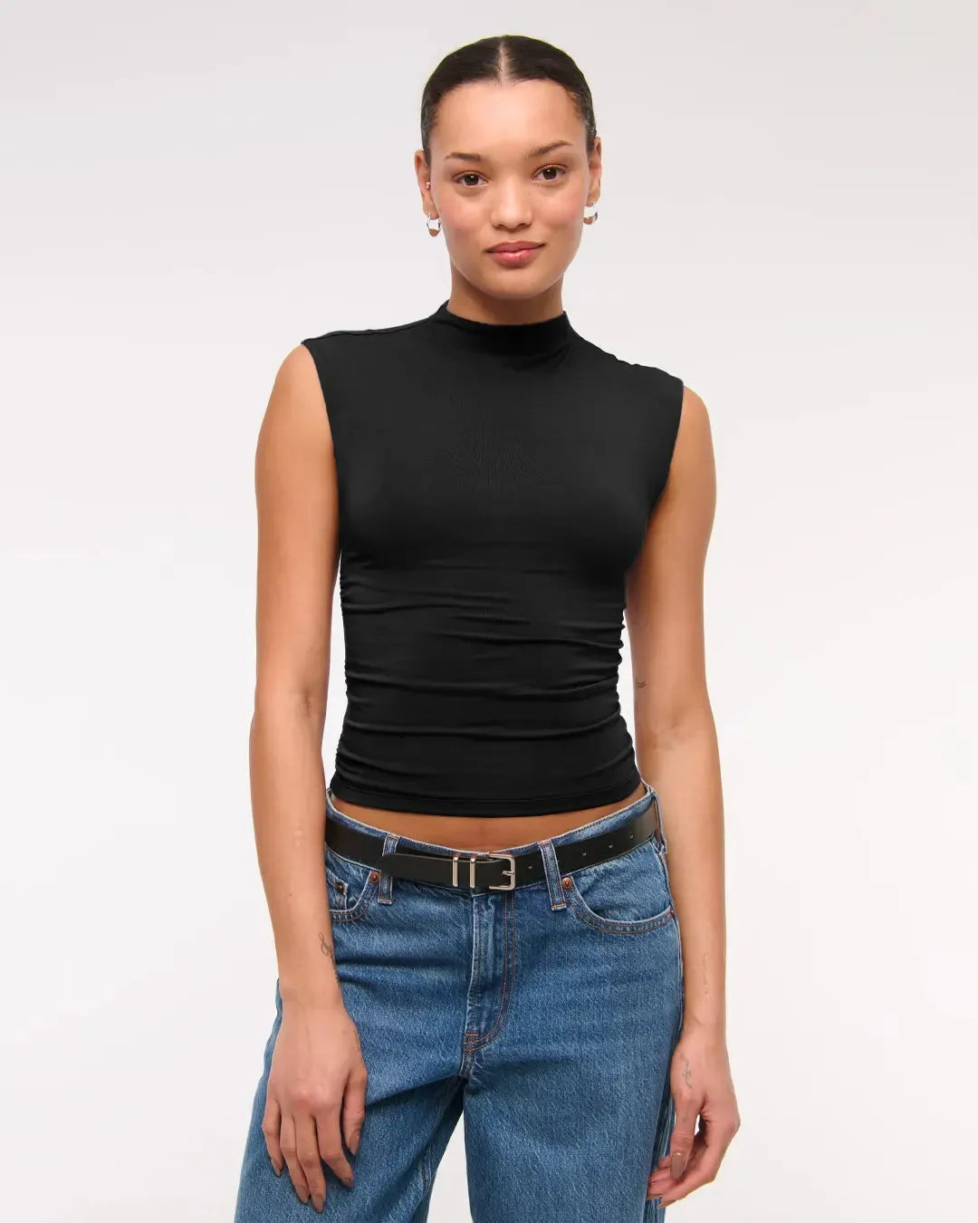 Sleeveless Mock Neck Ruched Fitted Top In Black