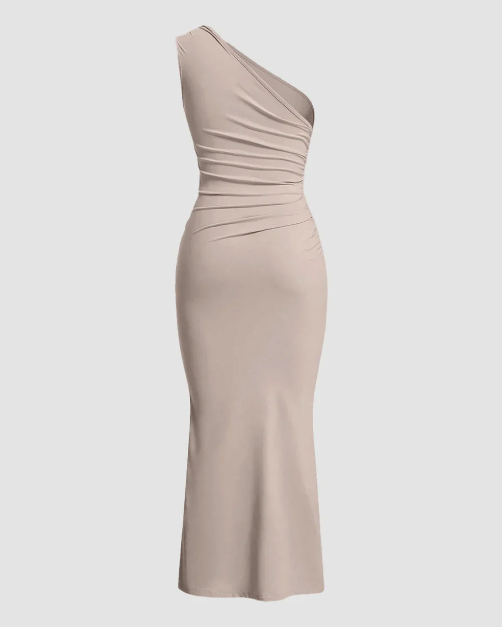 One Shoulder Ruched Bodycon Midi Dress in Beige