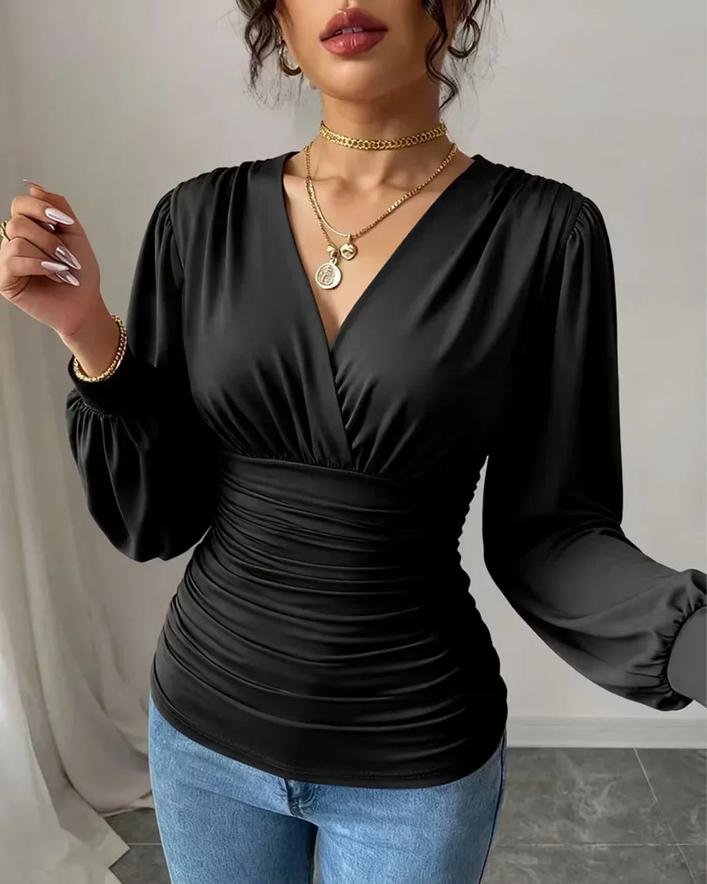Black Crossover V Neck Ruffled Waist Bubble Long Sleeve Top