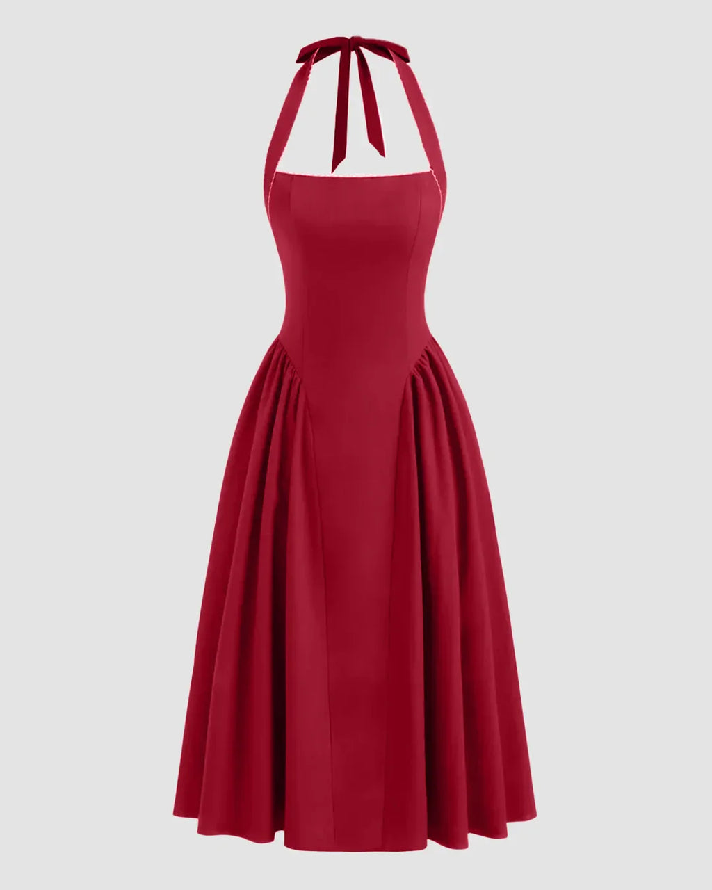 Halter Neck Pleated A-Line Midi Dress in Cherry