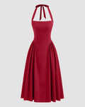 Halter Neck Pleated A-Line Midi Dress in Cherry