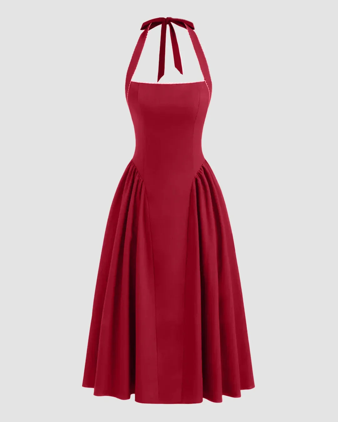 Halter Neck Pleated A-Line Midi Dress in Cherry
