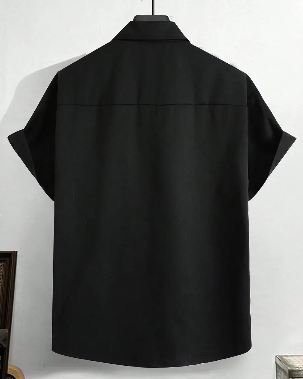 Men Black Zip Front Pocket Detail Short Sleeve Shirt